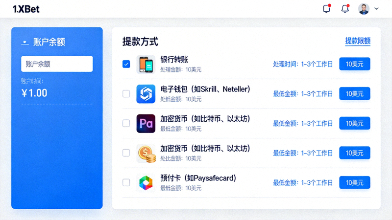 1xBet 財務頁面中的提款功能選項，展示不同提款方式的列表