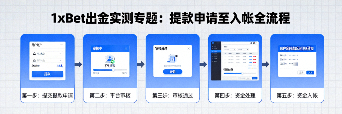 1xBet 出金實測專題主圖：展示用戶從帳戶提交提款申請到資金入帳的完整流程示意圖