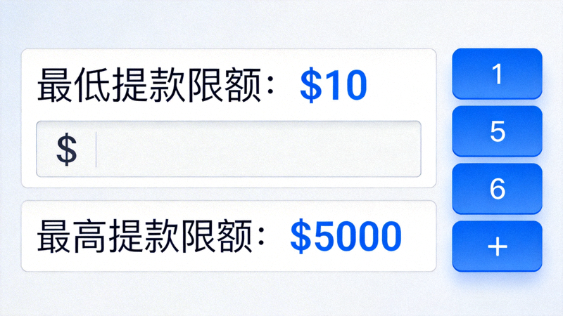 1xBet 提款金額輸入介面，顯示最低與最高提款限額的提示訊息