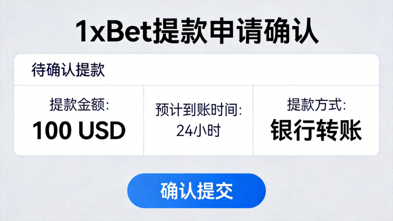 1xBet 提款申請確認頁面，展示待確認的提款細節與提交按鈕