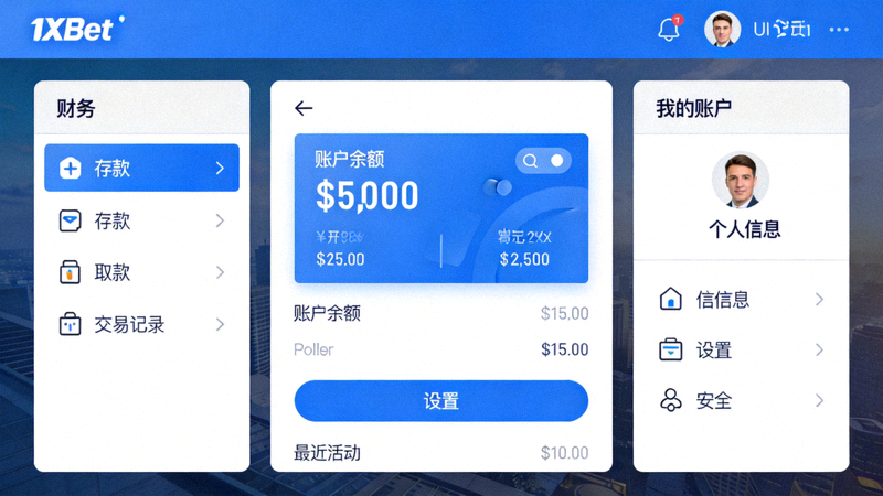 1xBet 帳戶登入後介面，標示出「我的帳戶」與「財務」區的位置指引圖